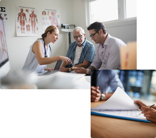 doctor with elder patient and adult son in medical office